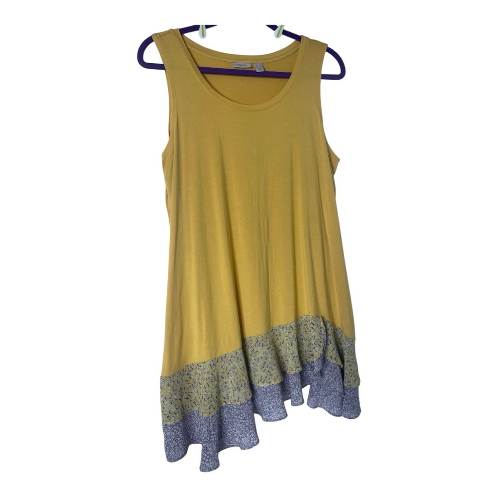 LOGO by Lori Goldstein Yellow Sleeveless TunicTank Top Ruffle Sheer Hem Sz L
